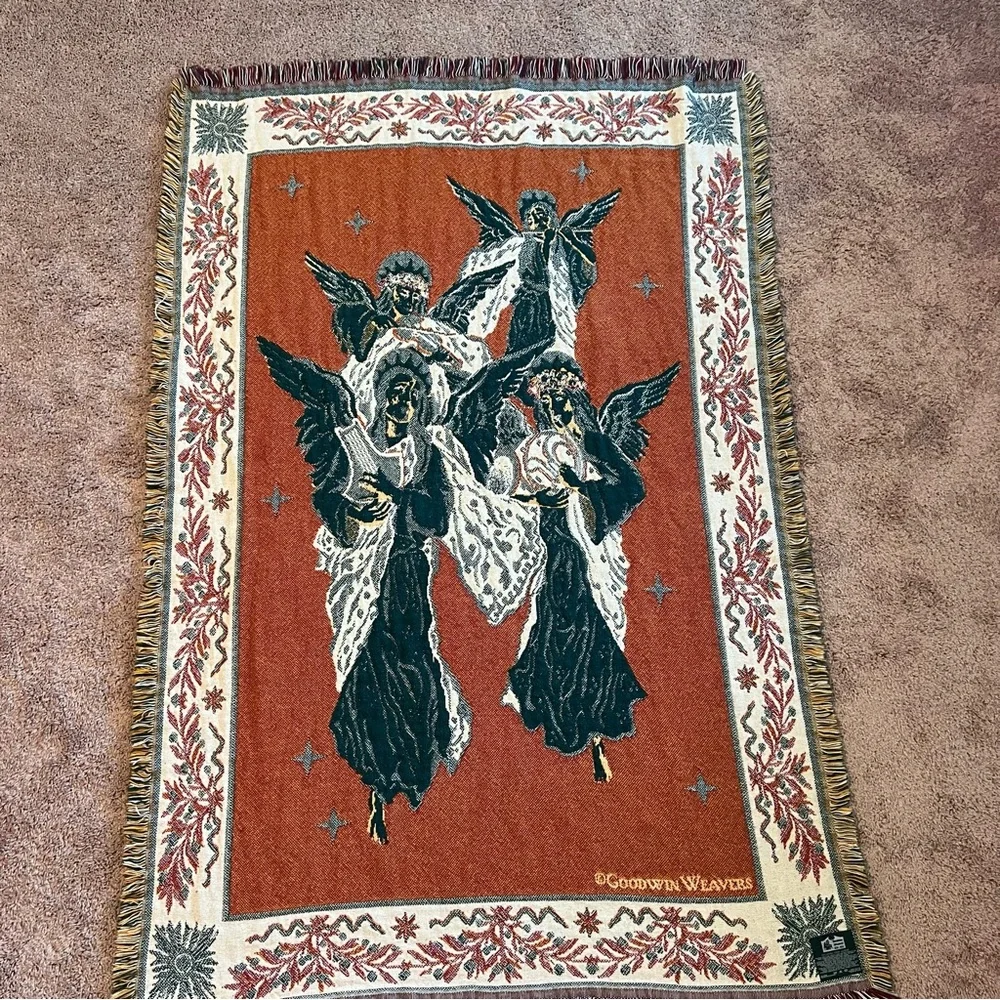 Festive Holiday Tapestry Throw blanket cover with Angels 46” x 66”
